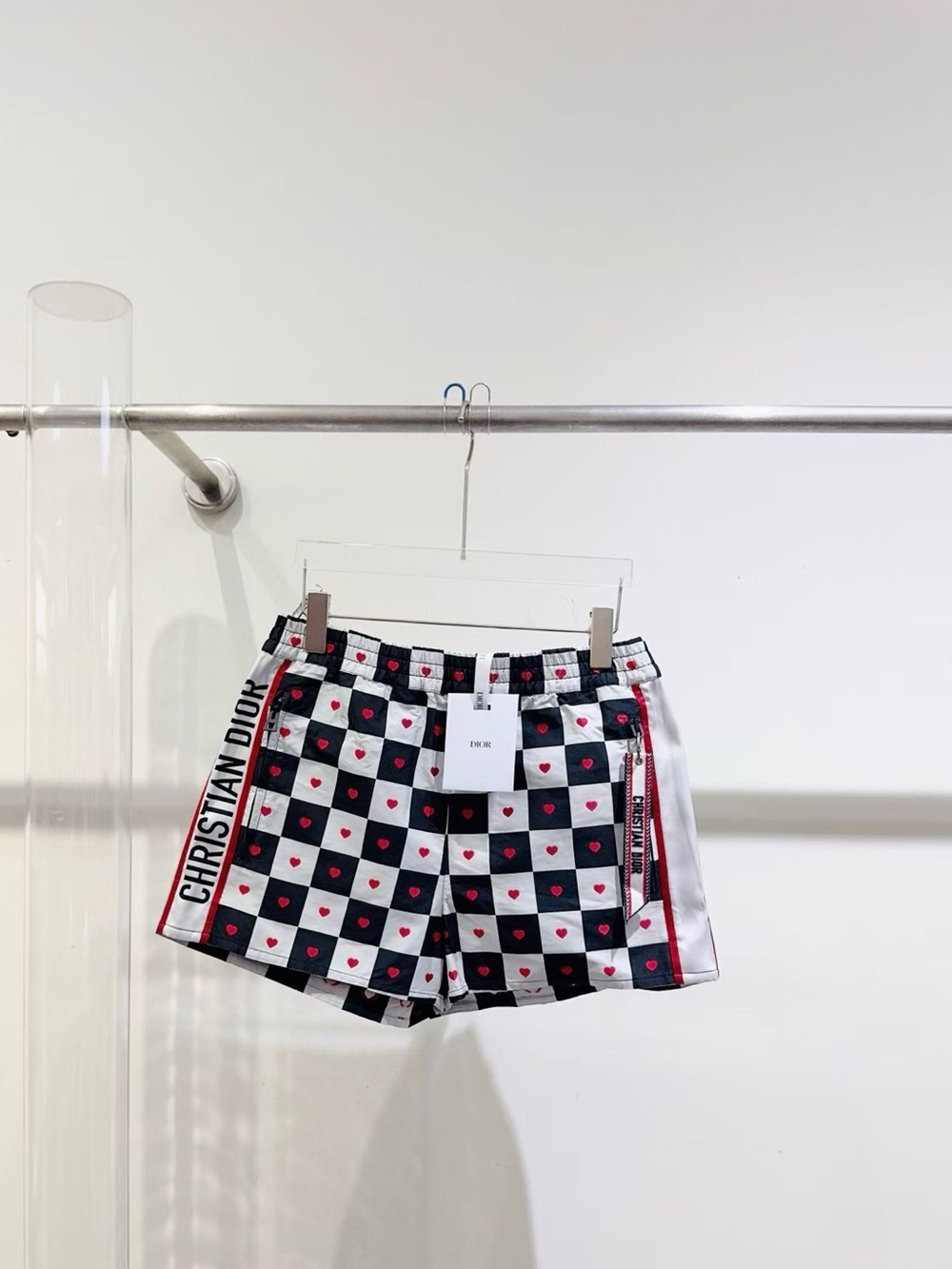 Dior Black & White Checker Shorts with Red Heart Accents